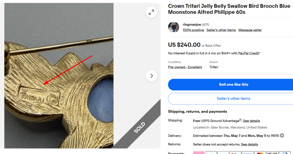 Crown Trifari Jelly Belly Lucite Brooch Mark