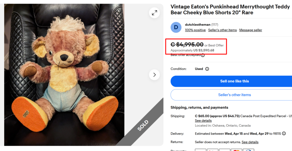 Eaton Punkinhead Merrythough Teddy Bear