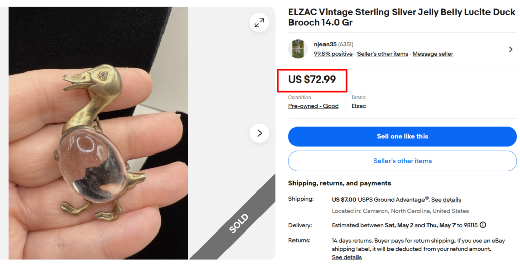 Elzac Sterling Jelly Belly Duck Brooch