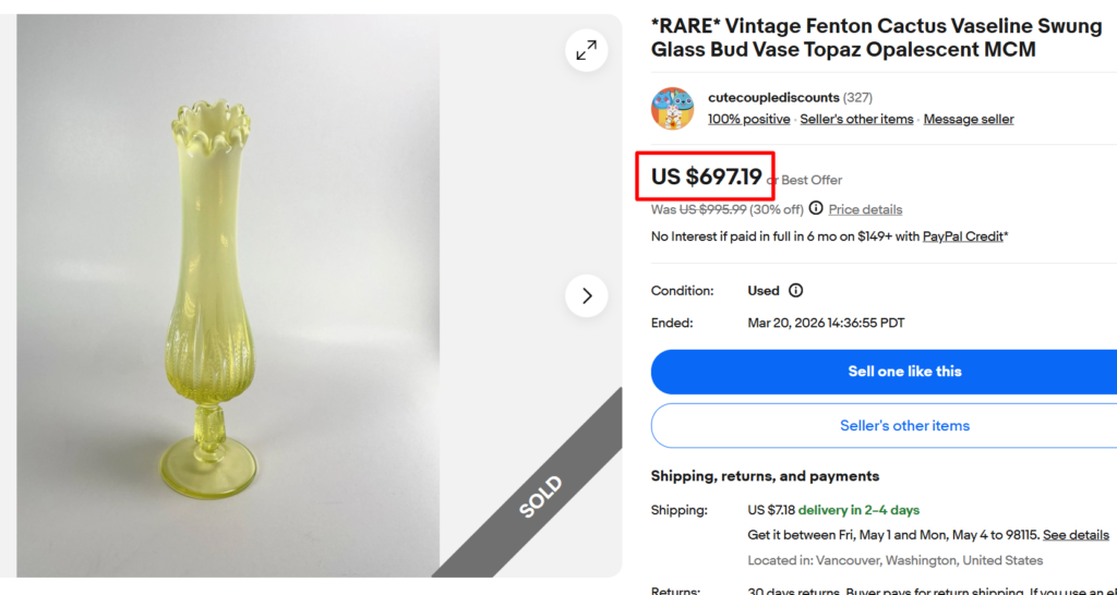 Fenton Cactus Topaz Opalescent Swung Bud Vase