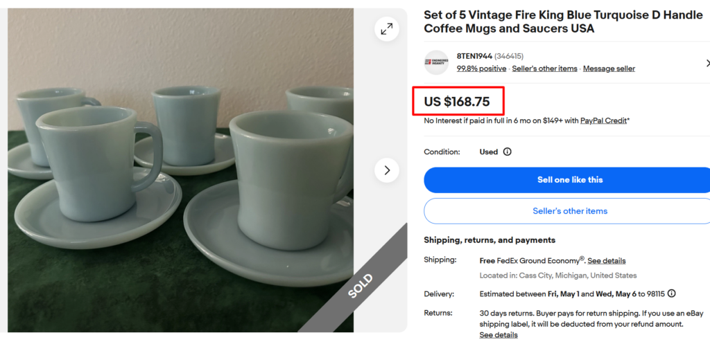 Fire King Blue Turquoise D Handle Mugs