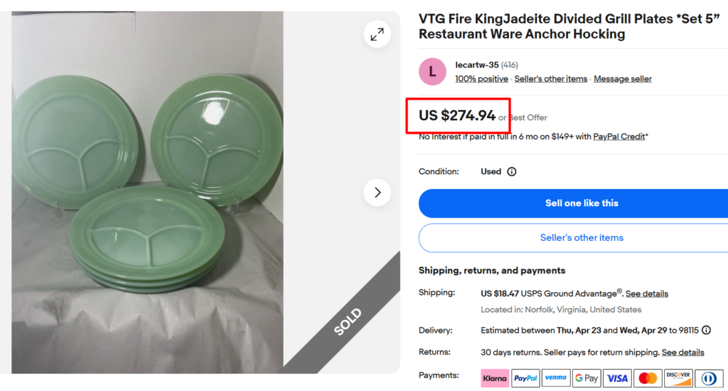 Fire King Divided Jadeite Glass Grill Plates
