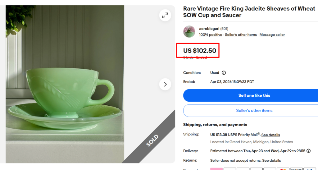 Fire King Sheaves of Wheat Jadeite Cup and Saucer