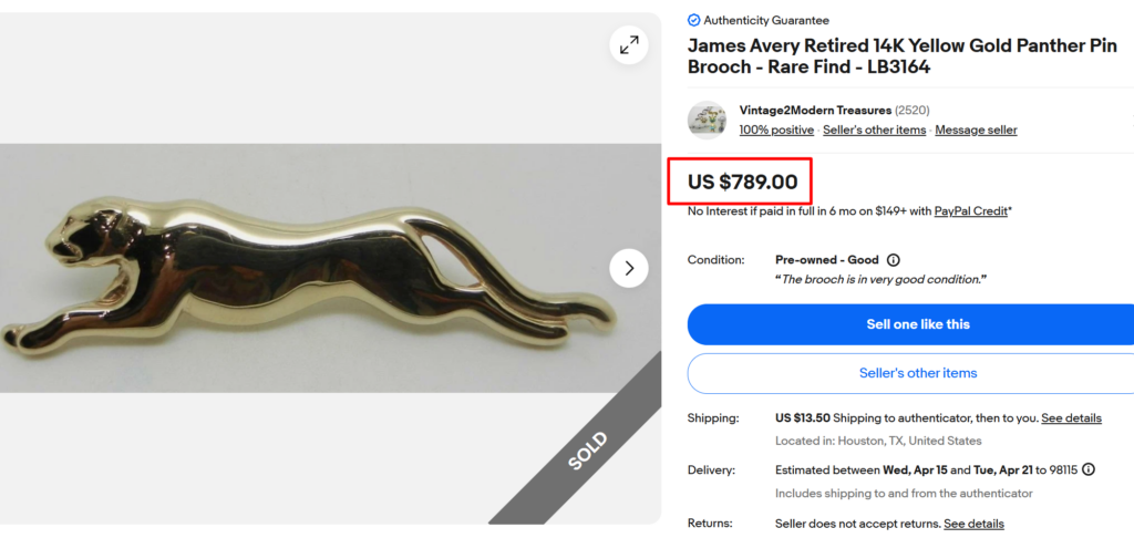 James Avery Retired Gold Panther Brooch