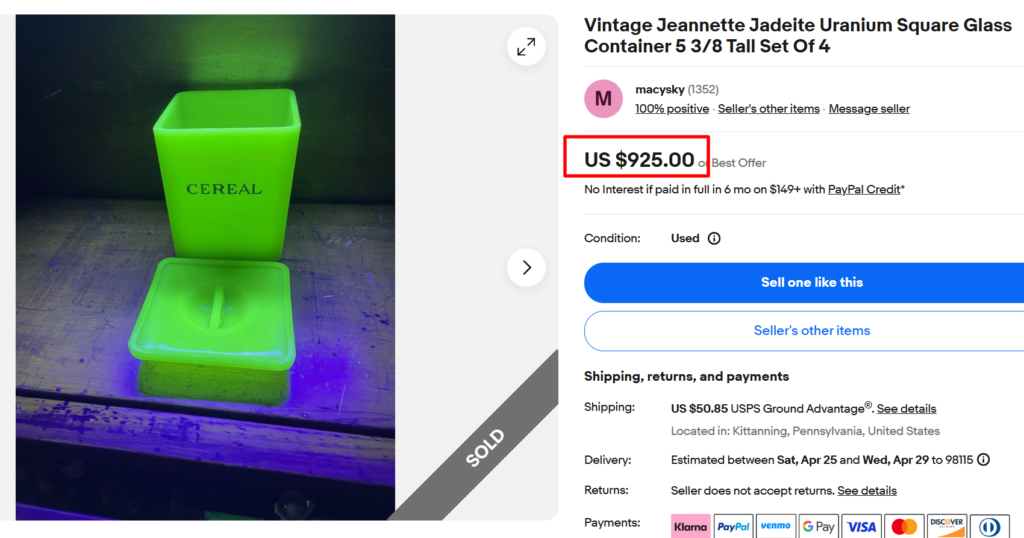 Jeannette Jadeite Uranium Square Containers