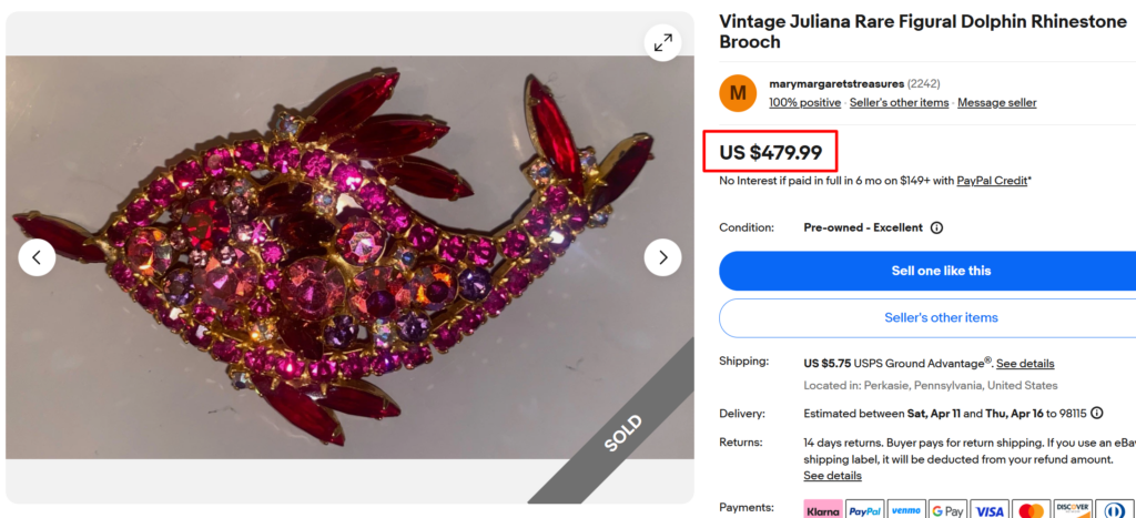 Juliana Rare Figural Dolphin Rhinestone Brooch