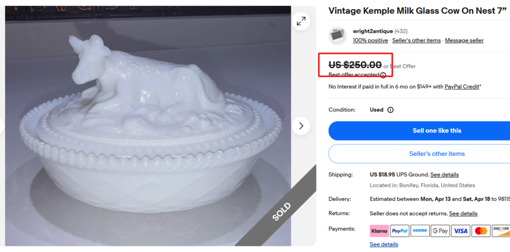 Kemple Milk Glass Cow on Nest Covered Dish