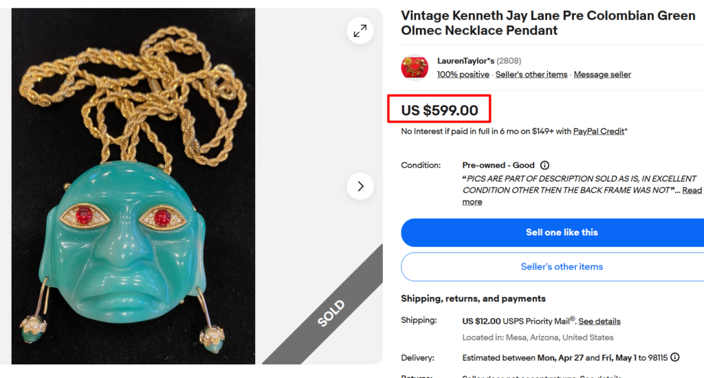 Kenneth Jay Lane Pre-Colombian Green Olmec Necklace Pendant