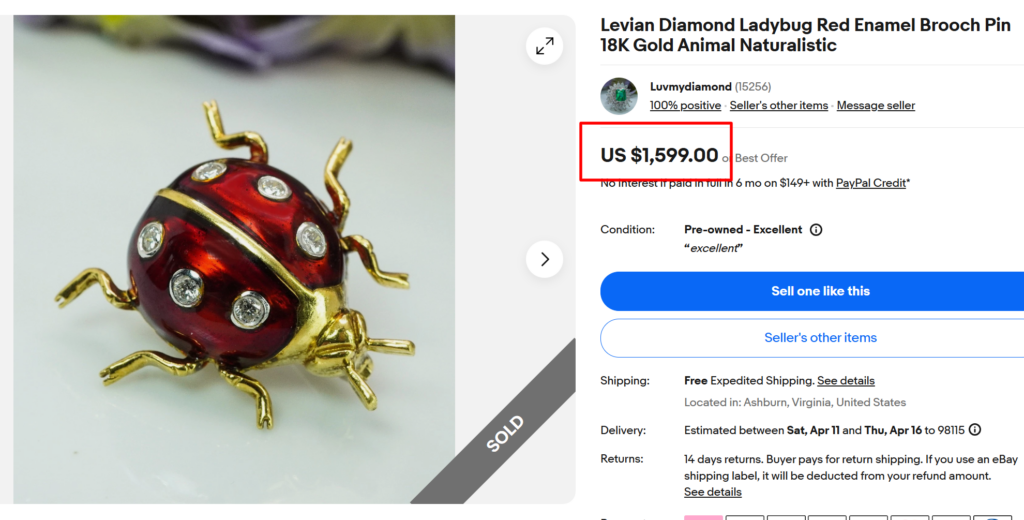Levian Diamond Ladybug Red Enamel Brooch