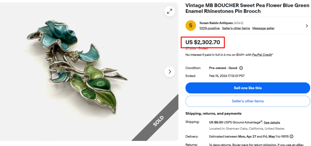 MB Boucher Sweet Pea Flower Enamel Rhinestone Brooch