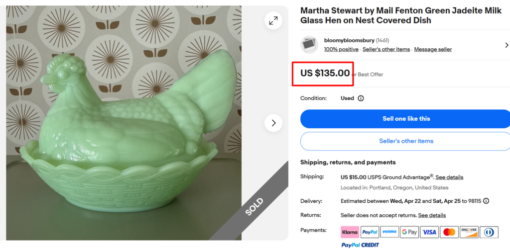 Martha Stewart by Mail Fenton Jadeite Hen on Nest Dish