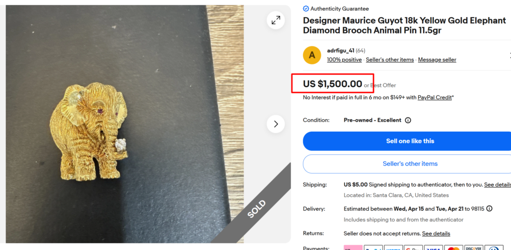 Maurice Guyot Yellow Gold Elephant Diamond Brooch