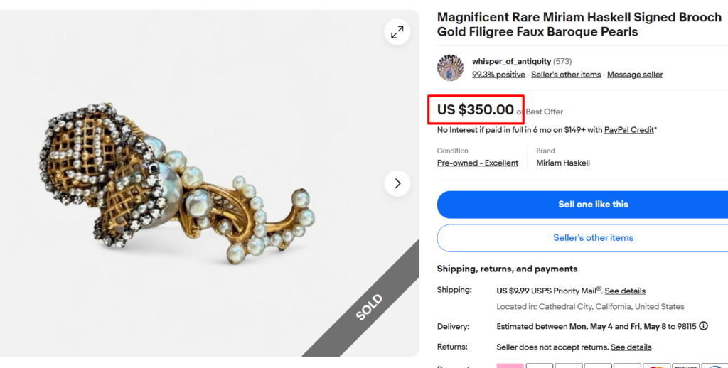 Miriam Haskell Gold Filigree Faux Pearl Brooch