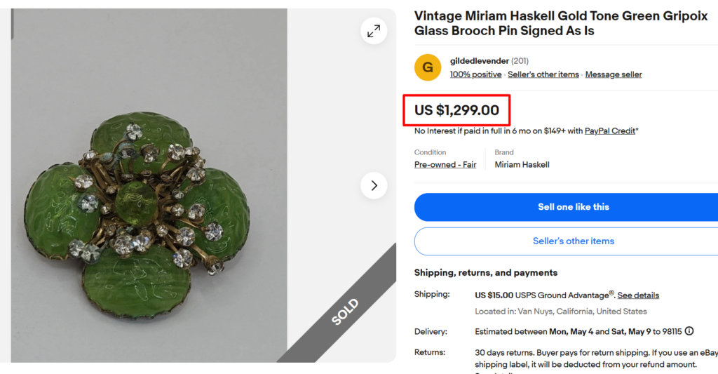 Miriam Haskell Green Gripoix Glass Brooch