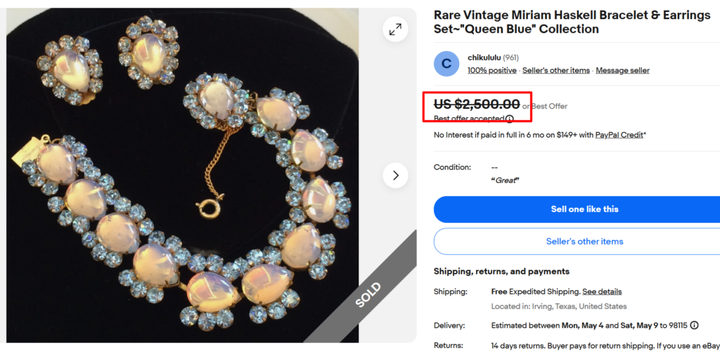 Miriam Haskell Queen Blue Bracelet & Earrings Set