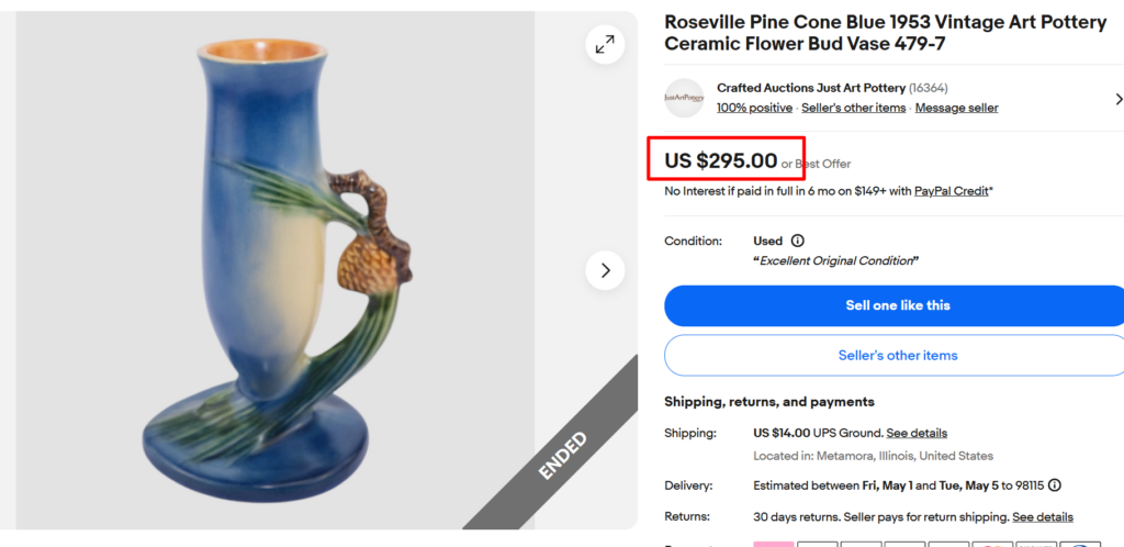 Roseville Pine Cone Blue Bud Vase