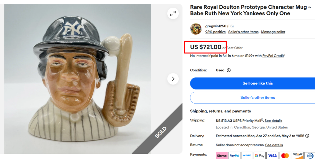Royal Doulton Babe Ruth Prototype Character Mug