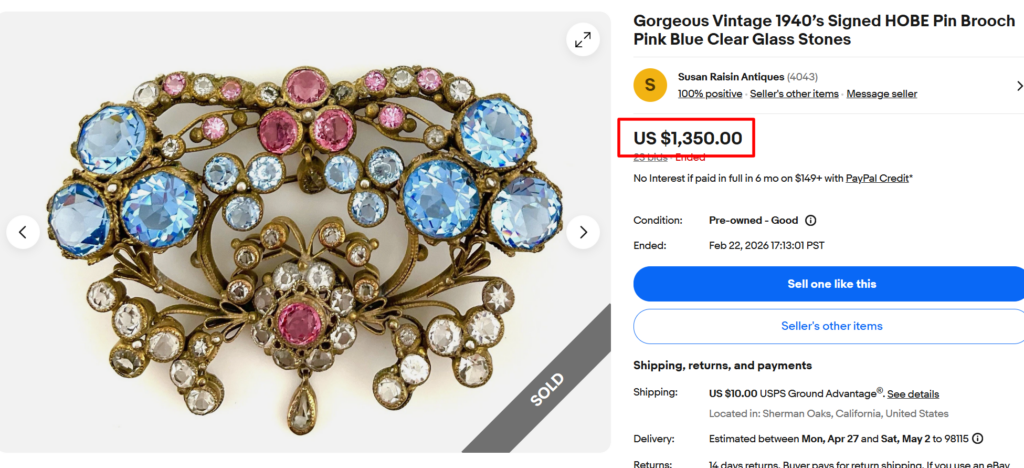 Signed Hobe Color Clear Glass Stones Brooch