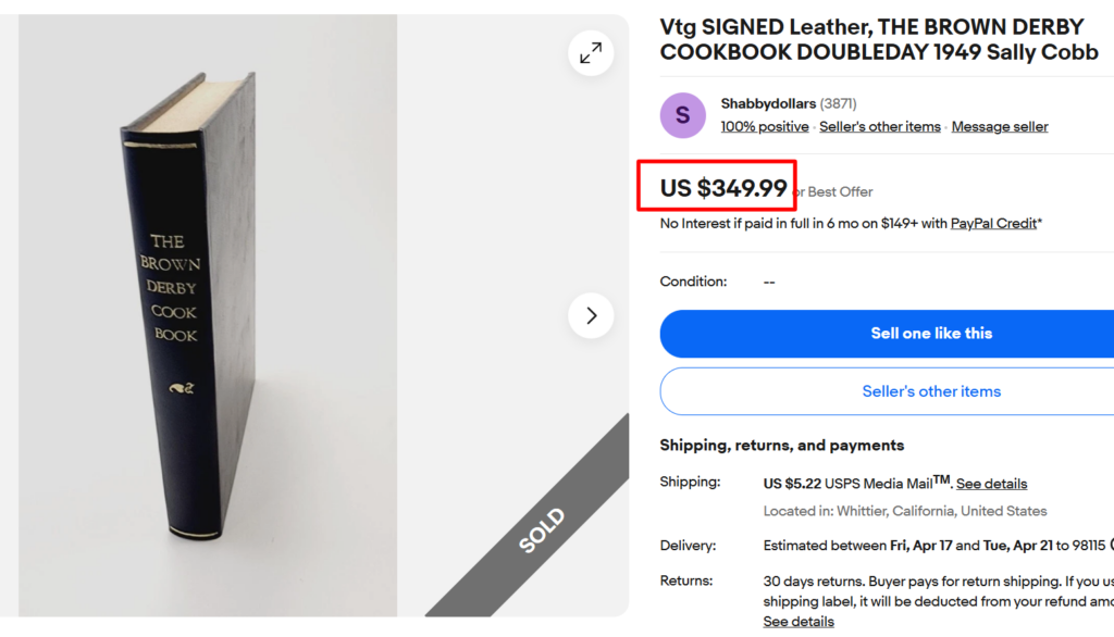 THE BROWN DERBY COOKBOOK DOUBLEDAY