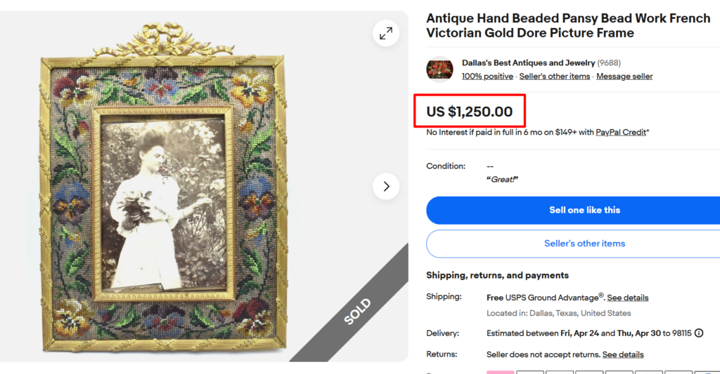 Victorian French Hand Beaded Pansy Gold Dore Frame