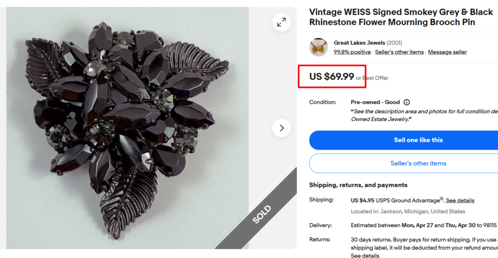 Vintage Weiss Grey & Black Diamond Flower Brooch