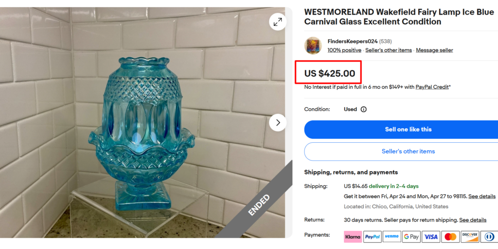 Westmoreland Ice Blue Carnival Glass Wakefield Fairy Lamp