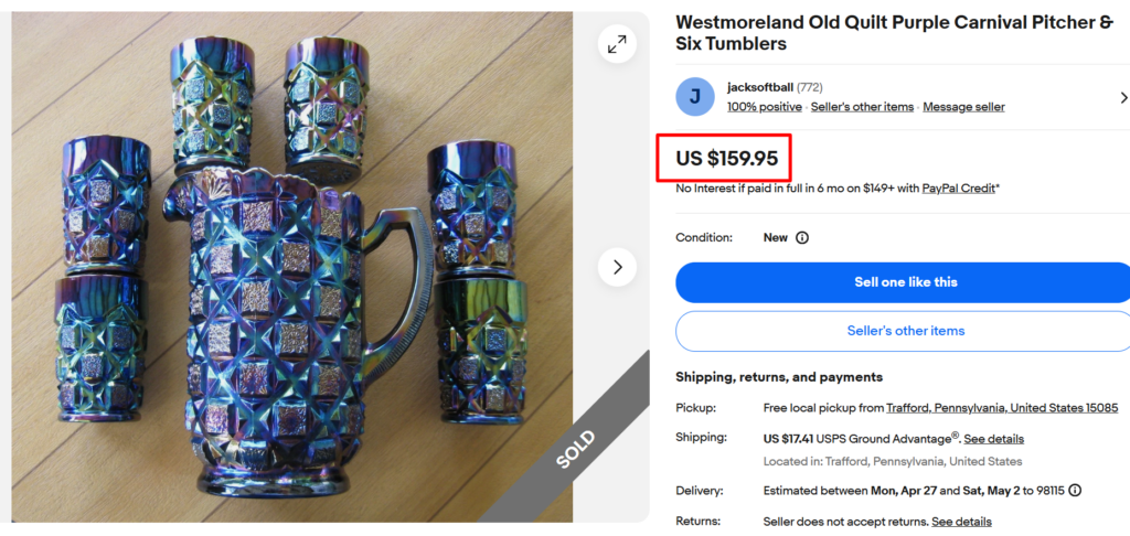 Westmoreland Old Quilt Carnival Glass Pitcher & Tumblers