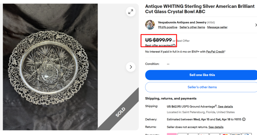 Whiting Crystal Bowl Sterling Rim