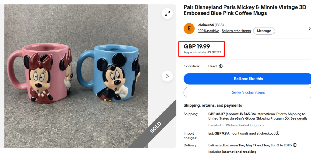 Disneyland Theme Park Mickey & Minnie Coffee Mugs