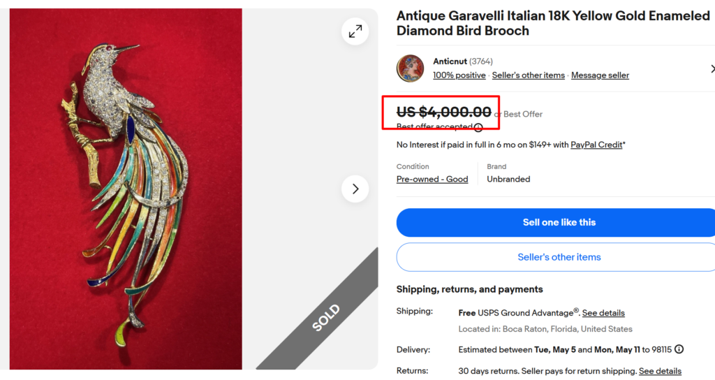Garavelli Gold Enamel Diamond Bird Brooch