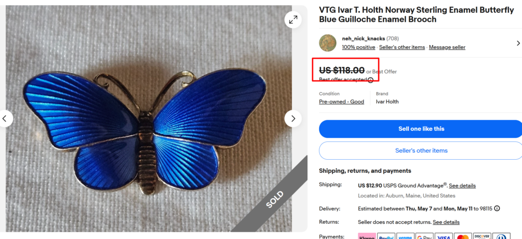 Ivar T Holth Norway Sterling Guilloche Butterfly Brooch