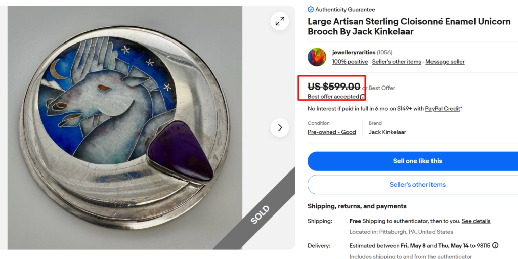 Jack Kinkelaar Sterling Cloisonne Enamel Unicorn Brooch