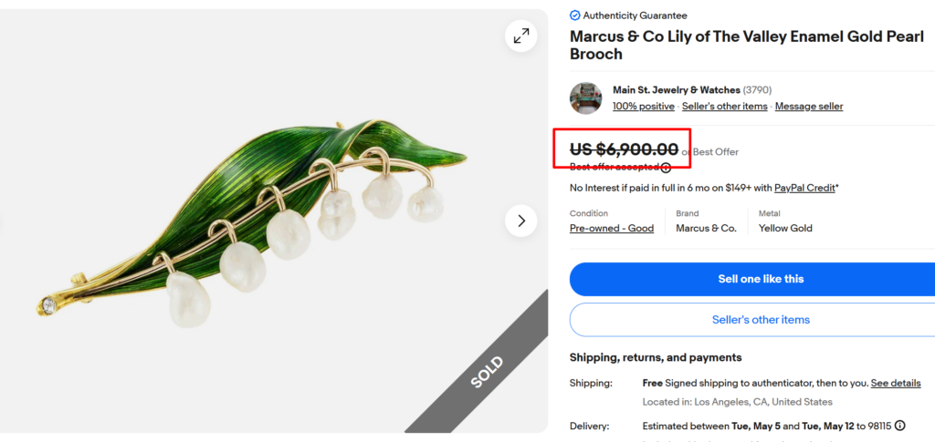 Marcus & Co. Lily of the Valley Enamel Gold Pearl Brooch