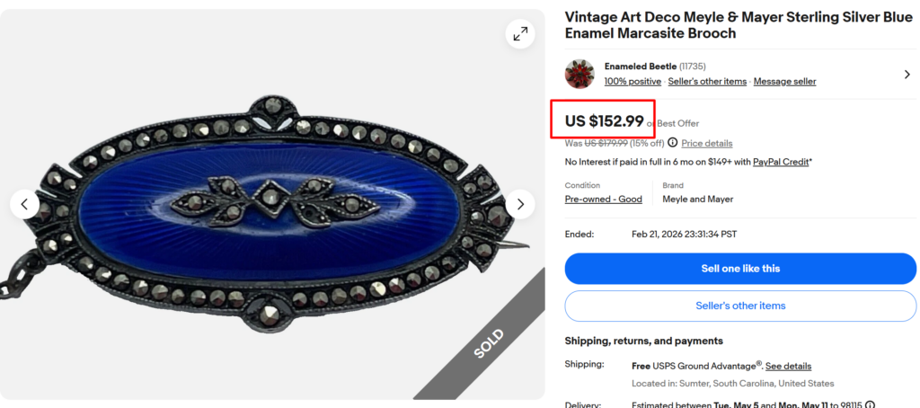 Meyle & Mayer Sterling Silver Enamel Marcasite Brooch