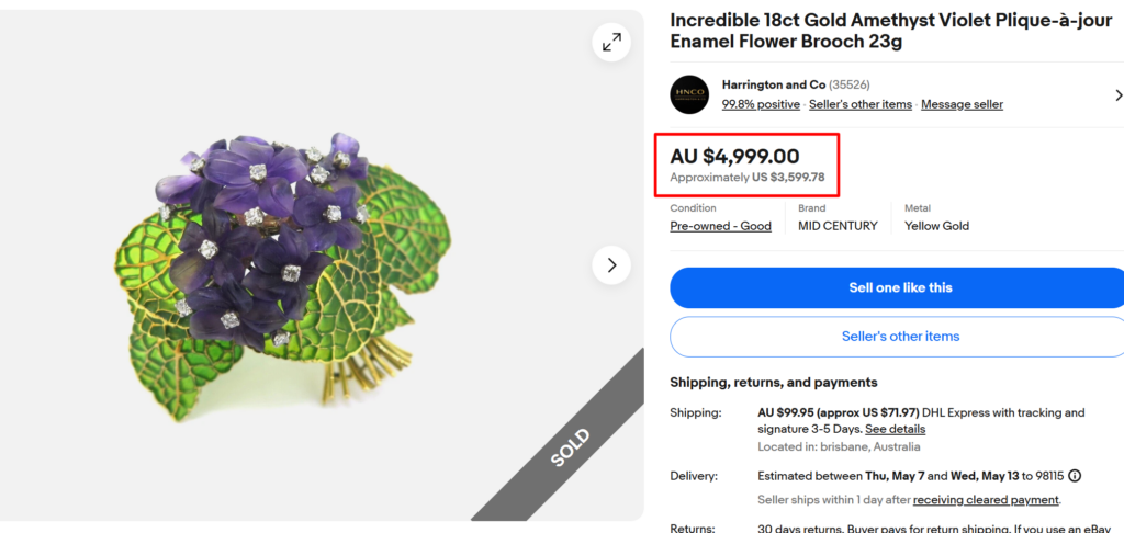 Plique-&agrave;-jour Gold Amethyst Violet Flower Brooch