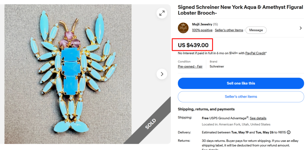 Schreiner New York Aqua & Amethyst Lobster Brooch