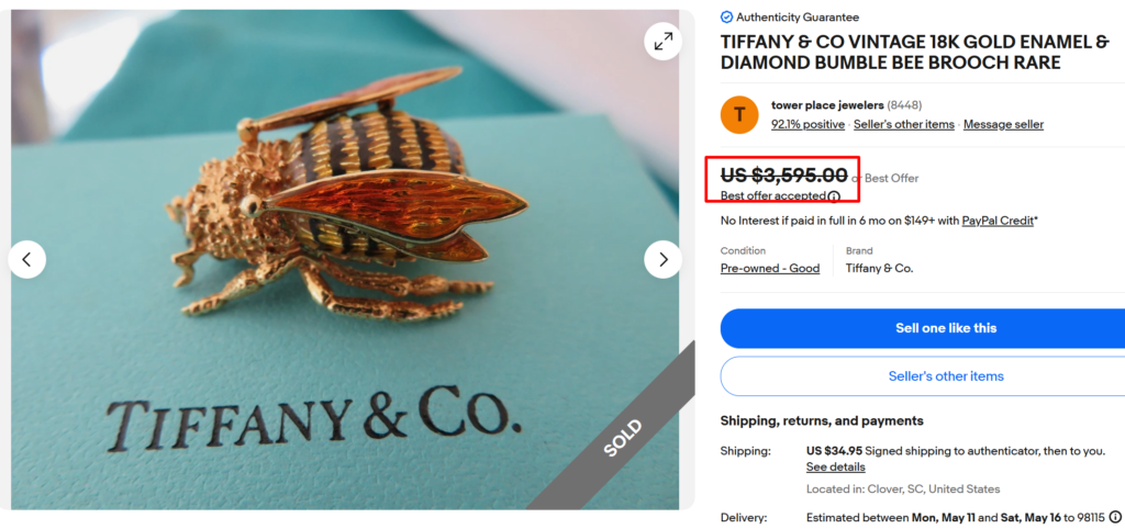 Tiffany & Co. Gold Enamel Bumble Bee Brooch