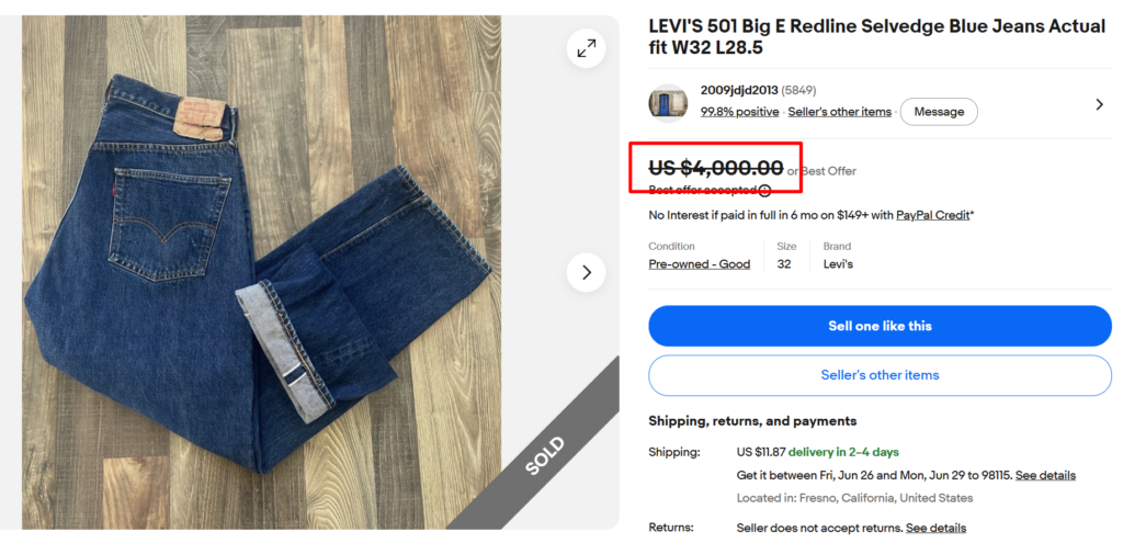 1960s Levi's 501 Big E redline selvedg