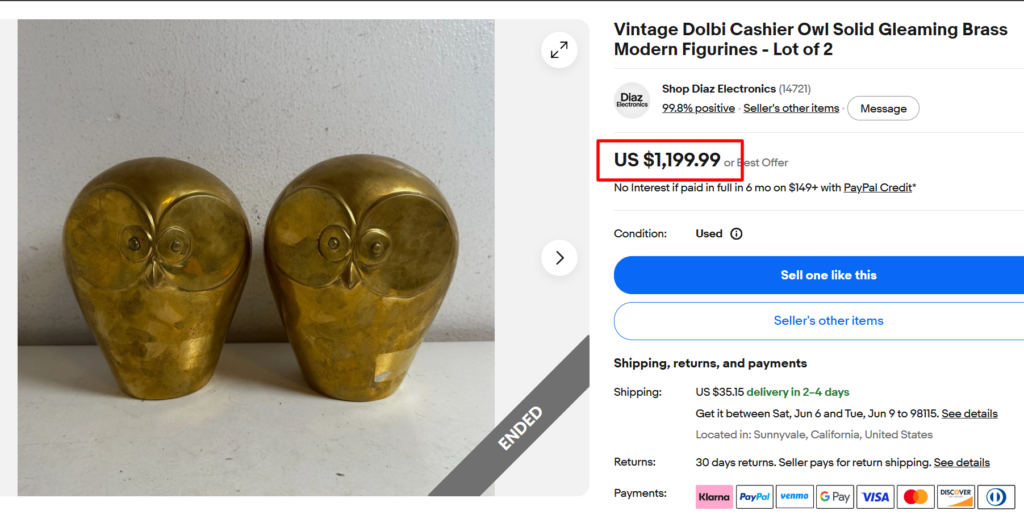 Vintage Dolbi Cashier Owl Brass Figurines
