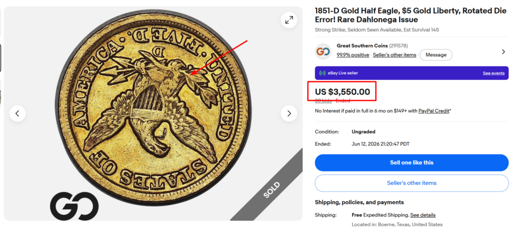 1851 D Gold Half Eagle $5 Rotated Die Error