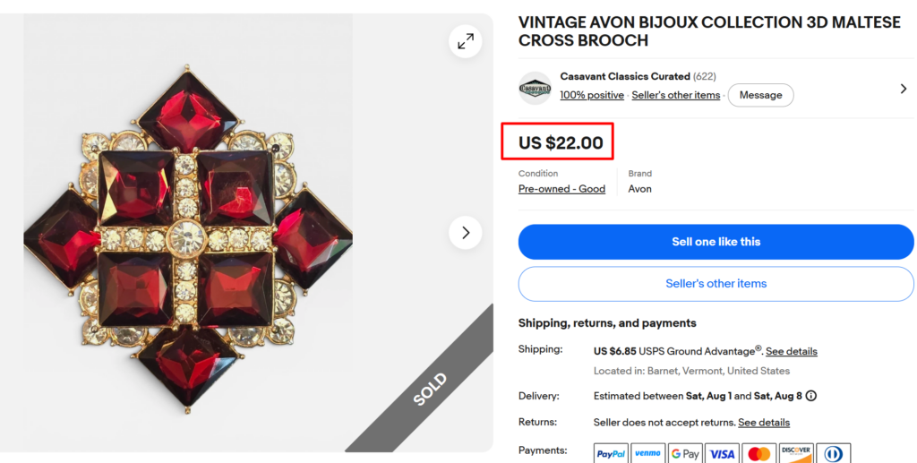 Avon Bijoux 3D Maltese Cross Brooch