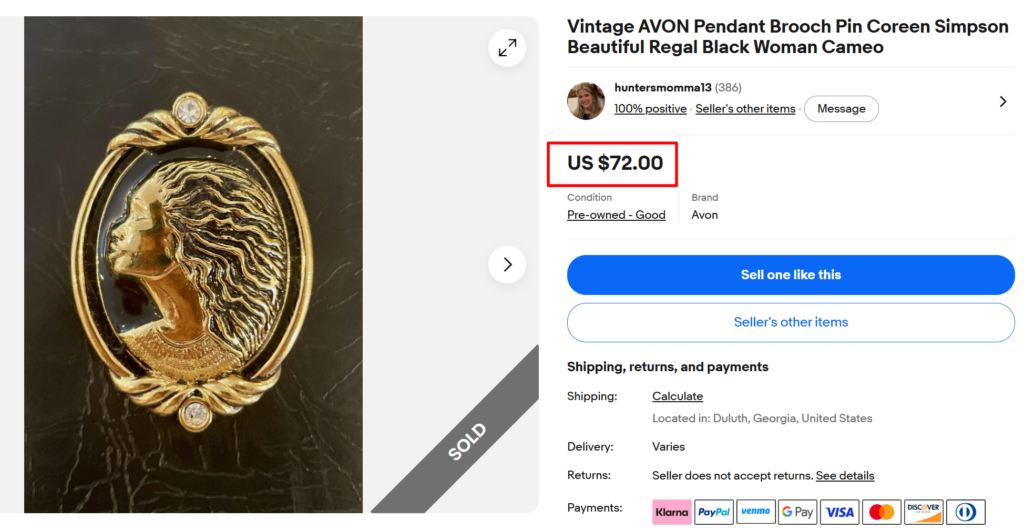 Avon Black Woman Cameo Brooch