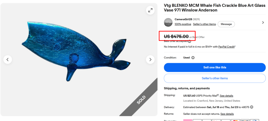 Blenko Crackle Glass Whale Fish Vase
