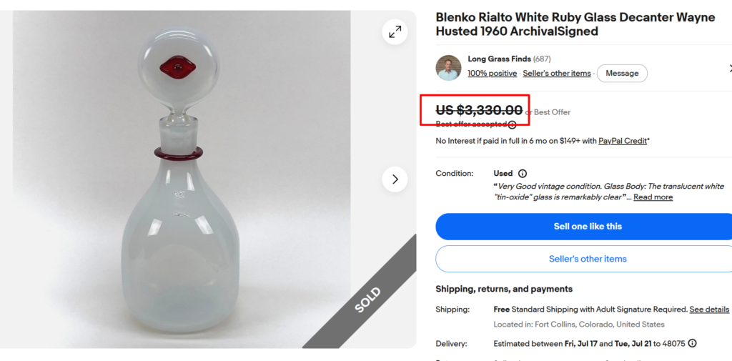 Blenko Rialto White Ruby Glass Decanter