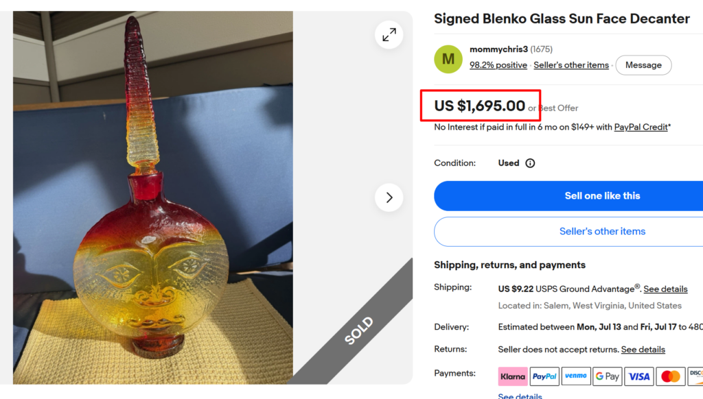 Blenko Sun Face Art Glass Decanter