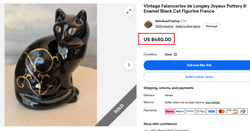 Faienceries de Longwy Joyaux Black Cat Figurine