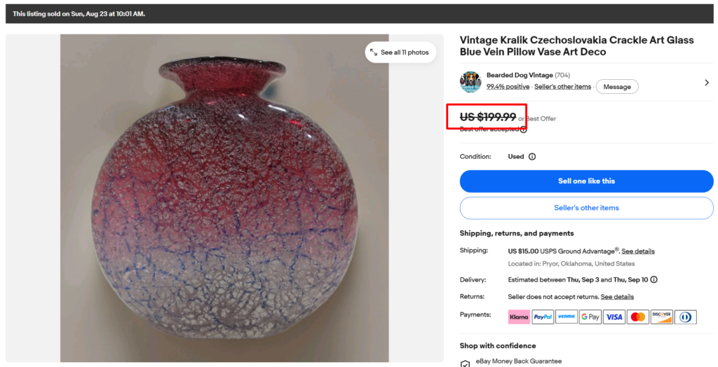 Kralik Crackle Art Glass Blue Vein Vase