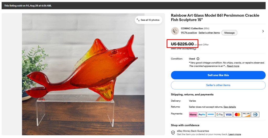 Rainbow Crackle Art Glass Persimmon Fish Sculpture