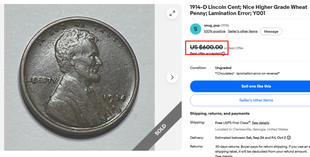 1914-D Penny Lamination Error