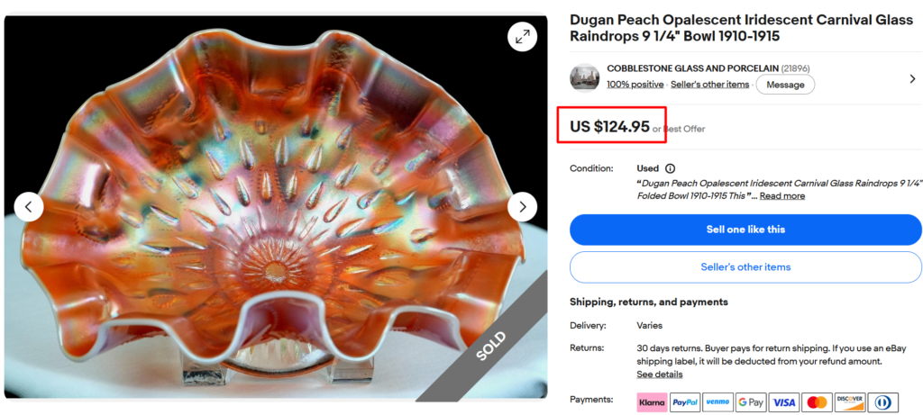 Dugan Peach Opalescent Carnival Glass Bowl